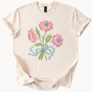Watercolor Floral Bouquet Graphic Tee Pink Blue Flowers